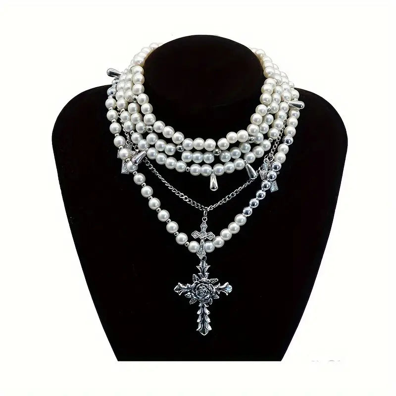 Romantic Medieval Multi-Strand Faux Pearl Rhinestone Cross Necklace