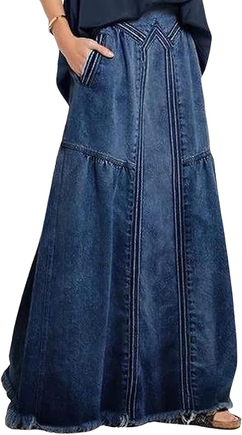 Romantic Boho Dark Blue Denim Maxi Skirt