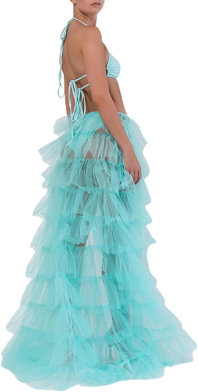 Romantic Ocean Blue Hi Low Ruffled Tulle Maxi Skirt Coverup Dress