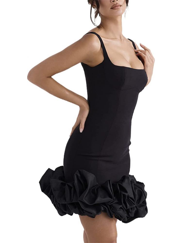Sexy Black Ruffled Hem Mini Dress