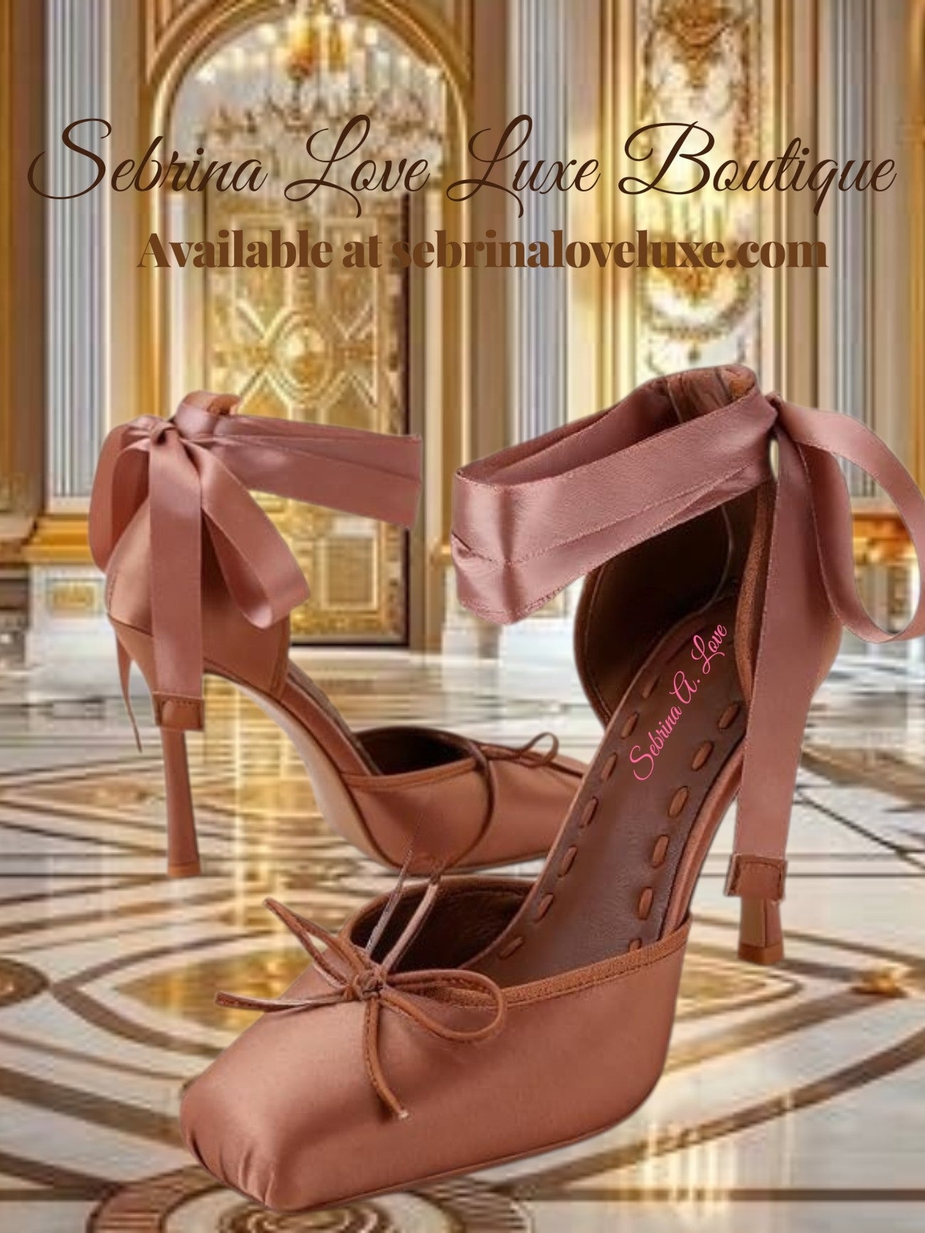 Romantic Chocolate Brown Satin Ribbon Ankle Tie Ballerina Heels