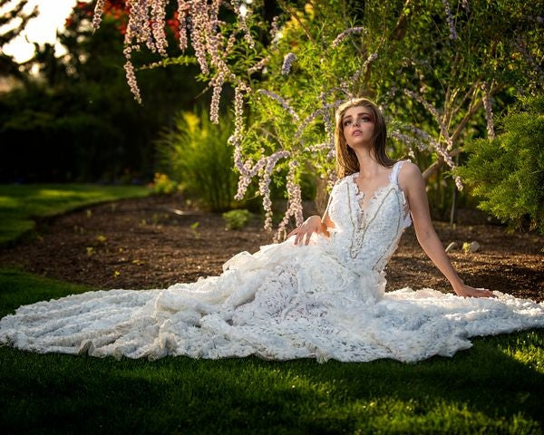 SAMPLE GOWN "POSEY" White 3D Chiffon Rosette Gold Crystal Embellished Wedding Ballgown Set