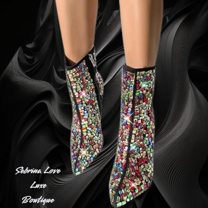 Beautiful Multicolor Mosaic Rhinestone Bejeweled Stiletto Ankle Boots