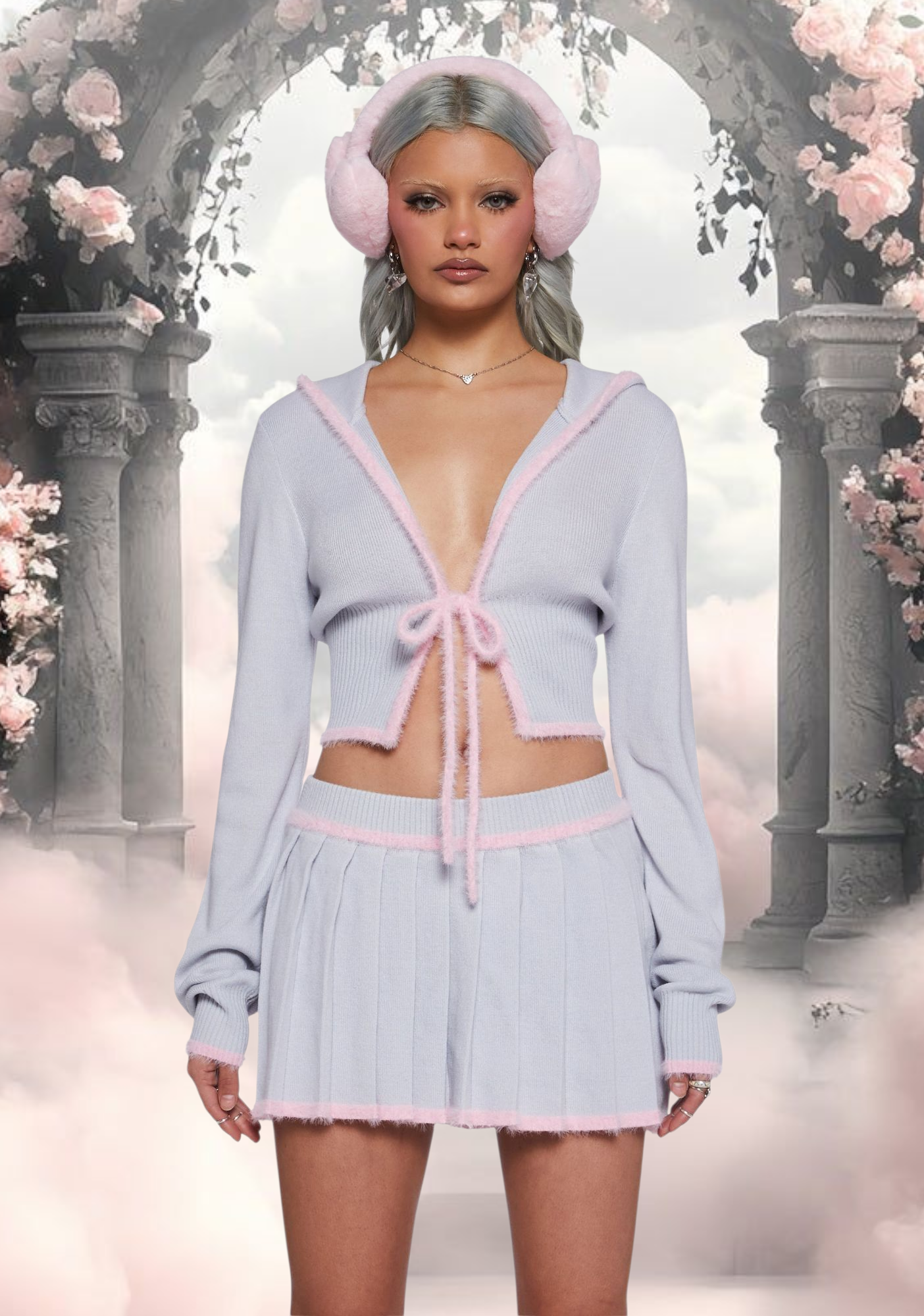 Cute Cozy Gray & Pink Cropped Sweater and Pleated Mini Skirt Set