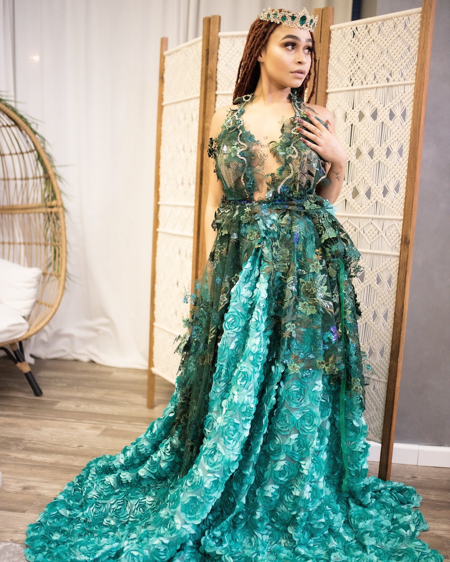 SAMPLE GOWN "IVY" Ocean Green 3D Rosette & Crystal Embroidered Lace Wedding Ballgown Set