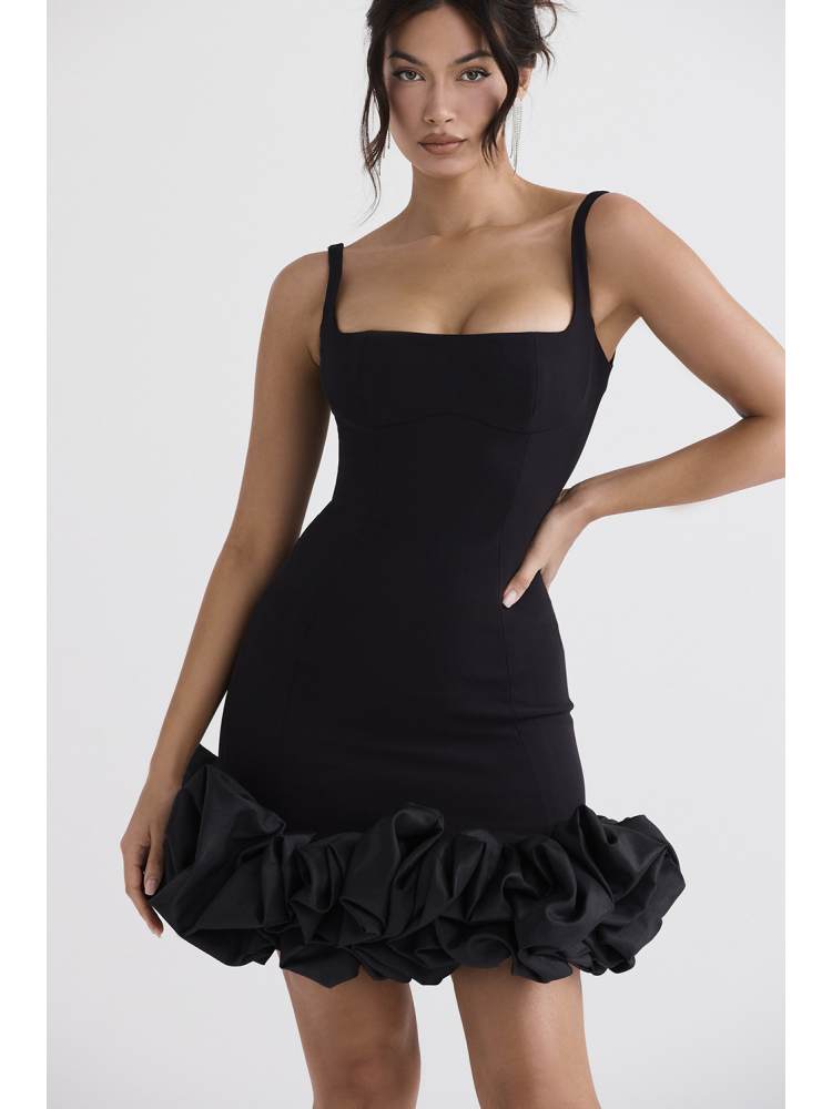 Sexy Black Ruffled Hem Mini Dress