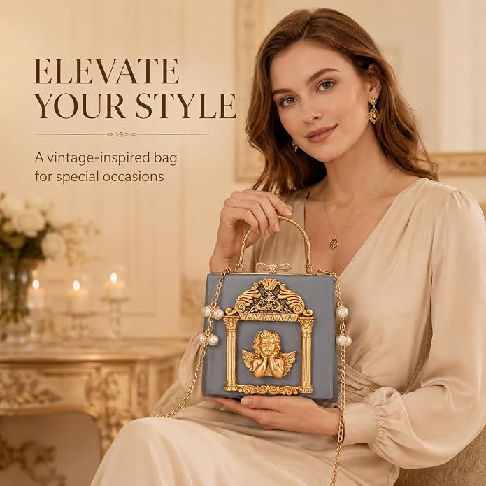 Elegant Gothic Romance Dusty Blue & Gold Angel Detail Handbag Clutch Purse