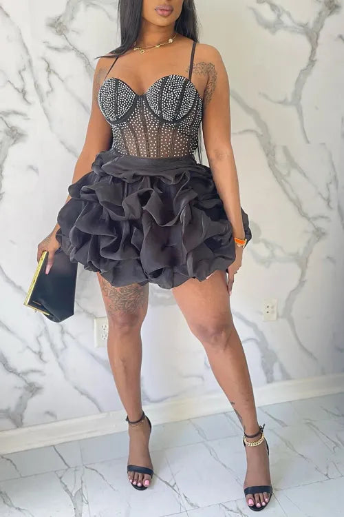 Sexy Black Corset Ruffle Mini Dress