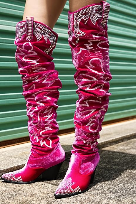 Rustic Chic Pink Velvet Western Festival Western Over The Knee Boots