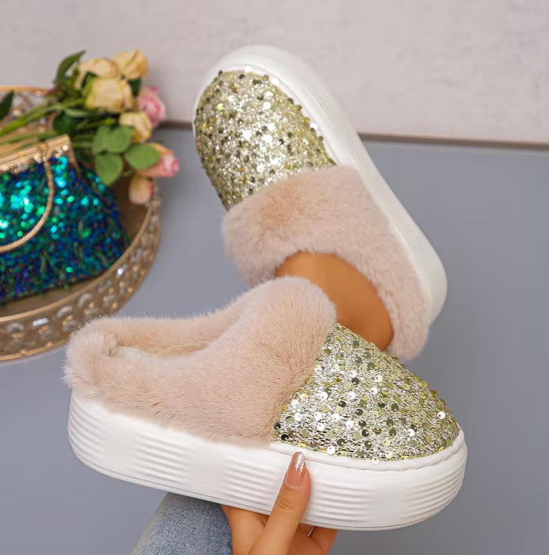Stylish Gold Sequin Velvet Blush Faux Fur Trim Winter Slippers