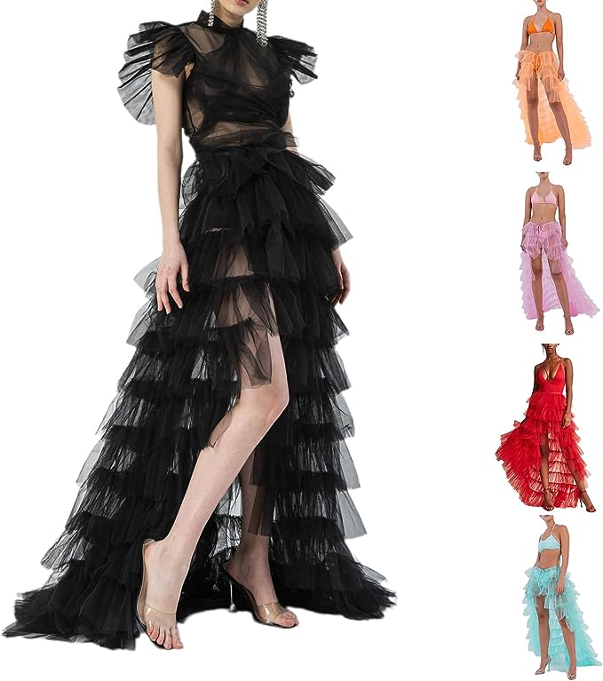 Romantic Ocean Blue Hi Low Ruffled Tulle Maxi Skirt Coverup Dress