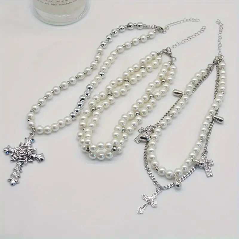 Romantic Medieval Multi-Strand Faux Pearl Rhinestone Cross Necklace