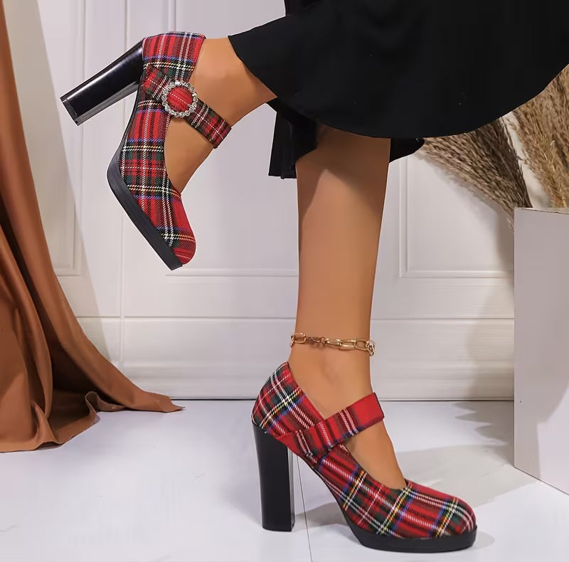 Collegecore Scottish Inspired Red Royal Stewart Tartan Plaid Mary Jane Round Toe Crystal Buckle Heels