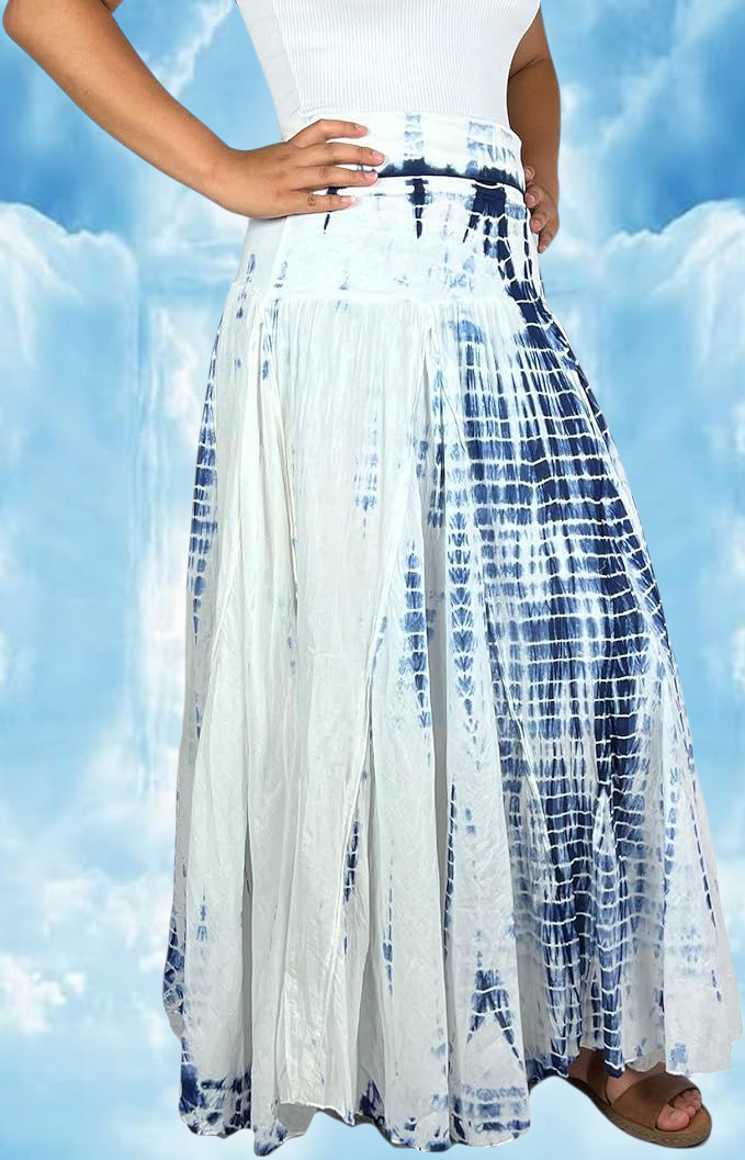 Gypsy Bohemian Blue & White Tie Dye Maxi Skirt Set