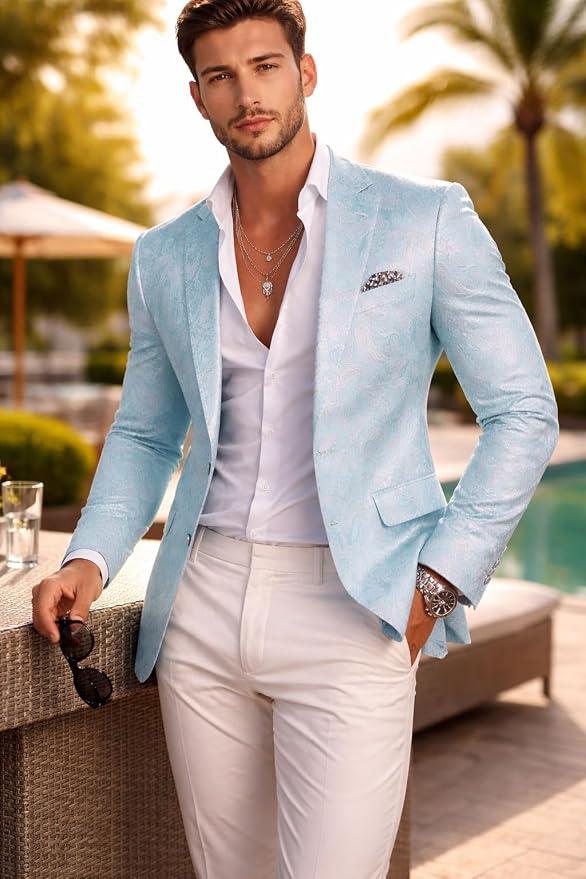 Elegant Ocean Blue Brocade Dinner Formal Jacket