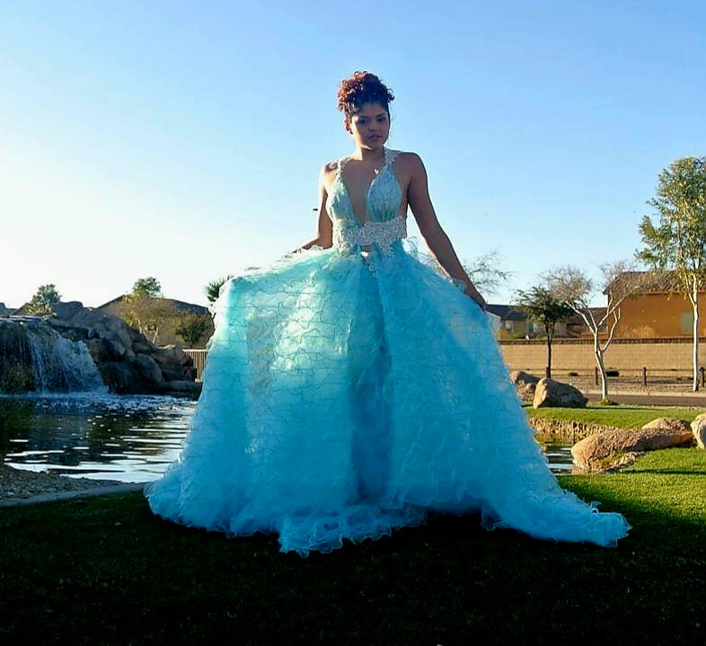 SAMPLE GOWN SET ONLY "ATLANTIS" Turquoise & Silver Lace, Crystal & Tulle Wedding Ballgown Set