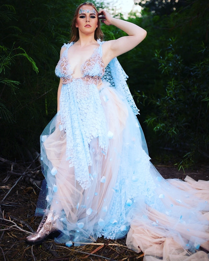 Sample Gown "MAURA" Blue & Blush Lace & Tulle Wedding Ballgown Set