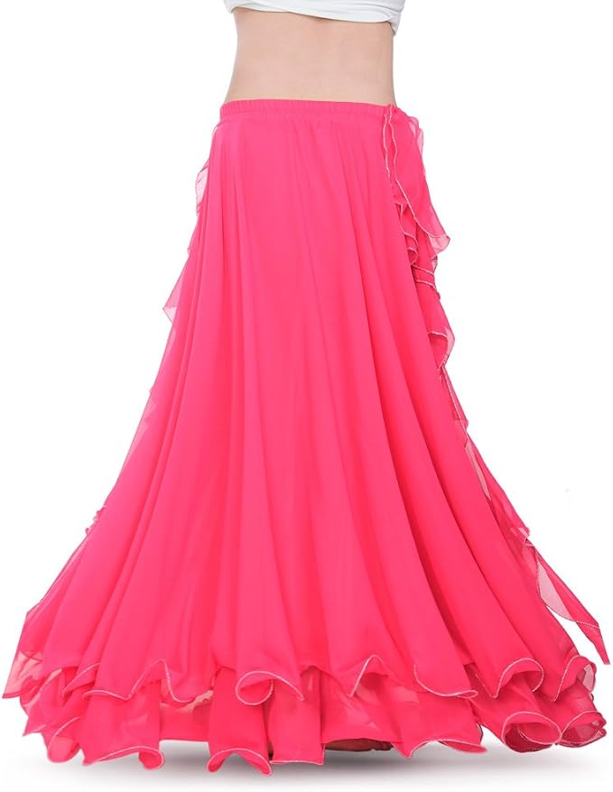 Exotic Hot Pink Chiffon Ruffled Boho Bellydance Maxi Skirt