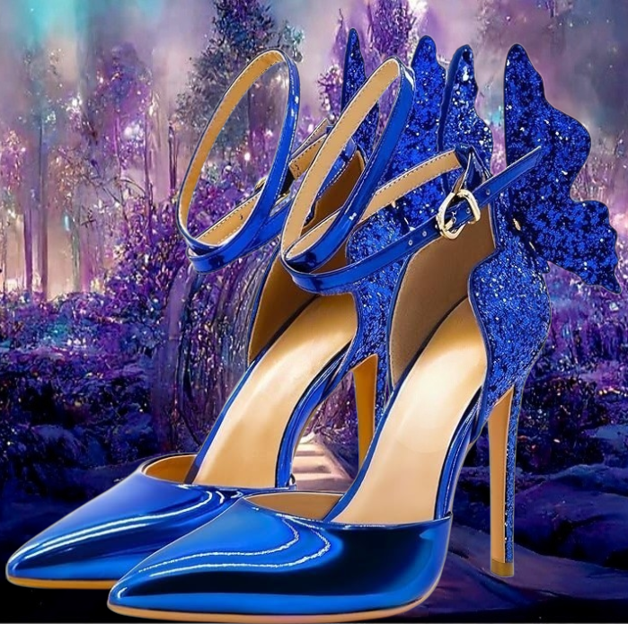 Ethereal Cobalt Blue Sparkling Butterfly Ankle Strap Heels