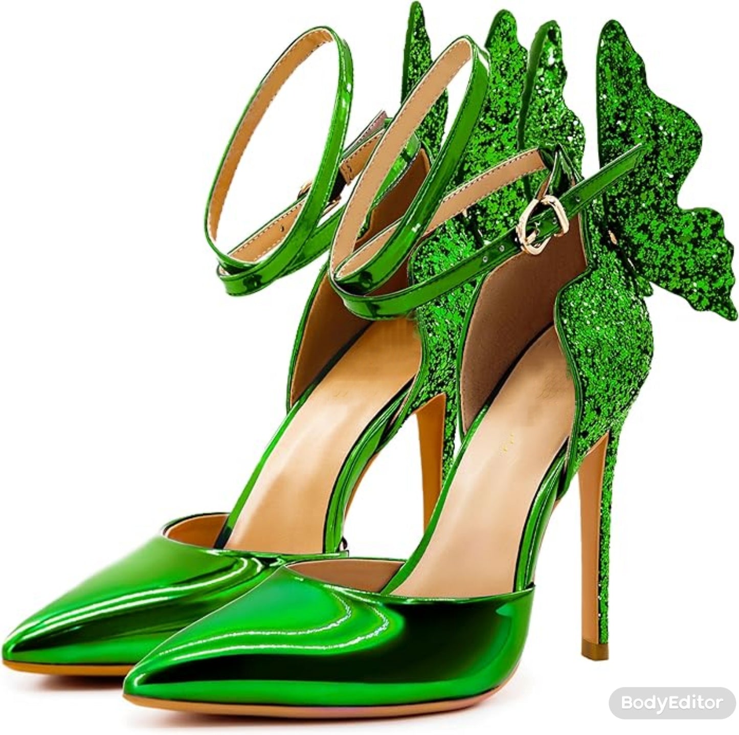 Ethereal Green Sparkling Butterfly Ankle Strap Heels