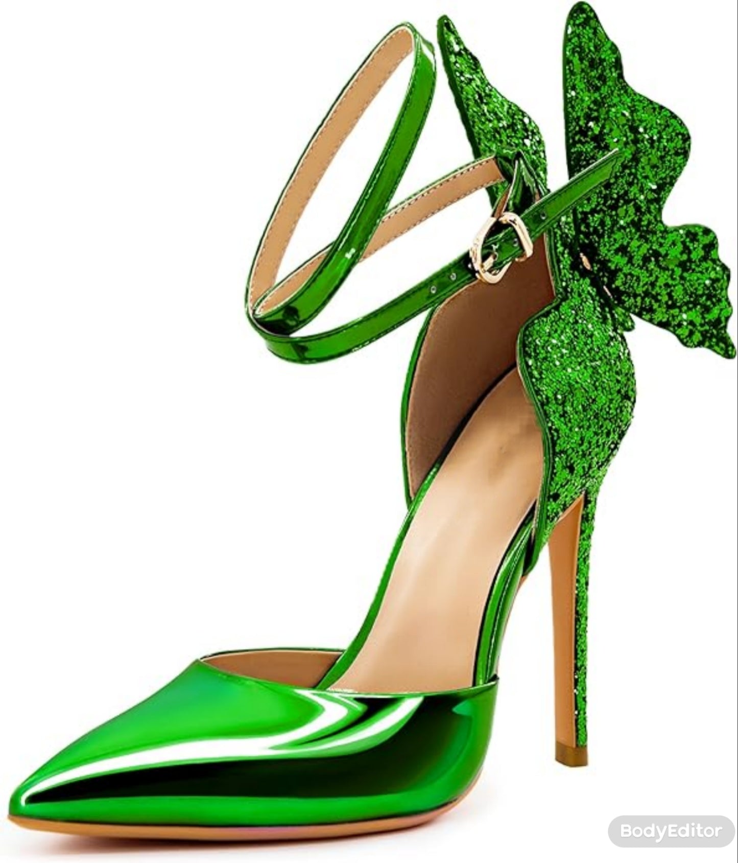 Ethereal Green Sparkling Butterfly Ankle Strap Heels