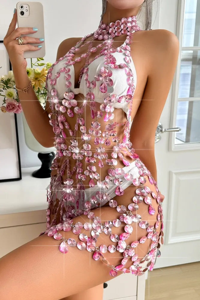 Pink Bejeweled Chanimail High Neck Halter Mini Dress