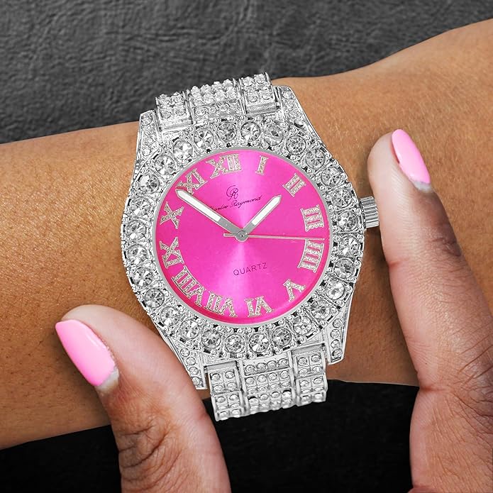 Elegant Silver & Hot Pink Diamante Crystal Bling Watch