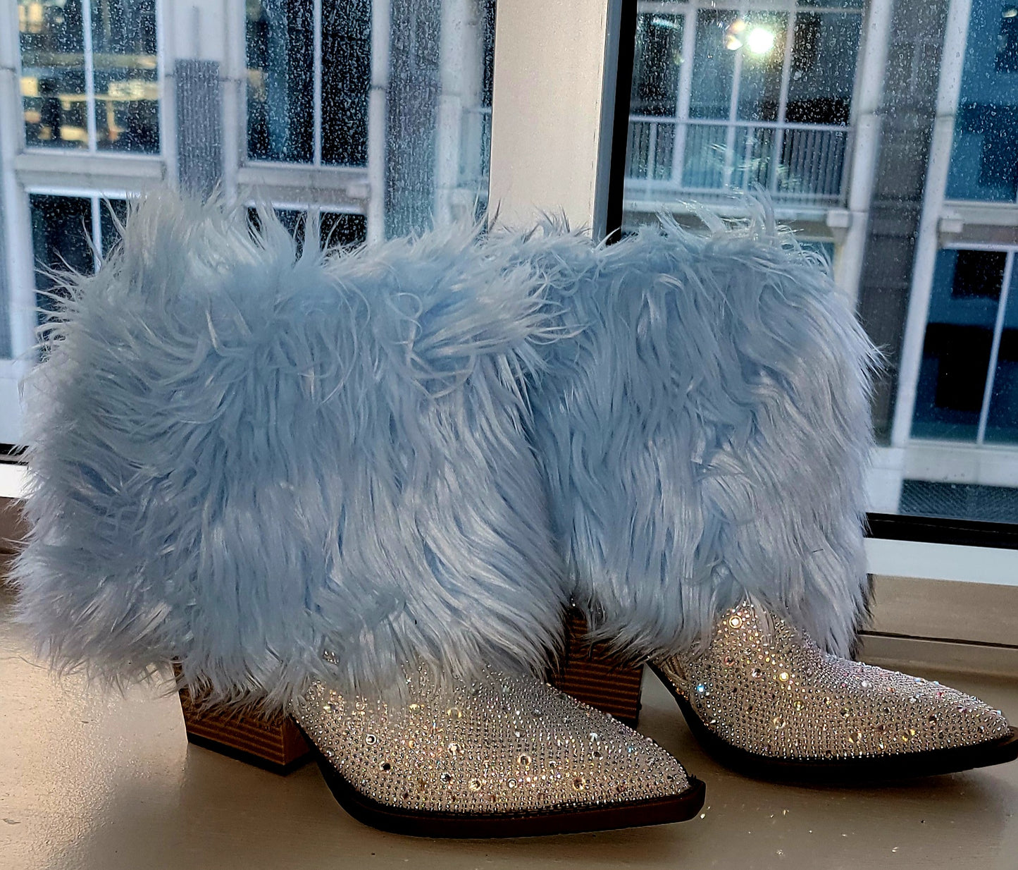 The "LANEY" Boho Festival Crystal Blue Fur Western Boots