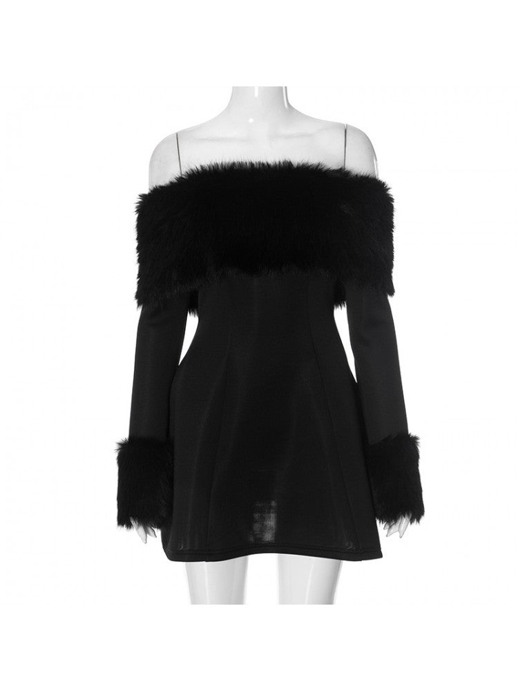 Sexy Black Fur Trim Bardot Off The Shoulder Skater Mini Dress