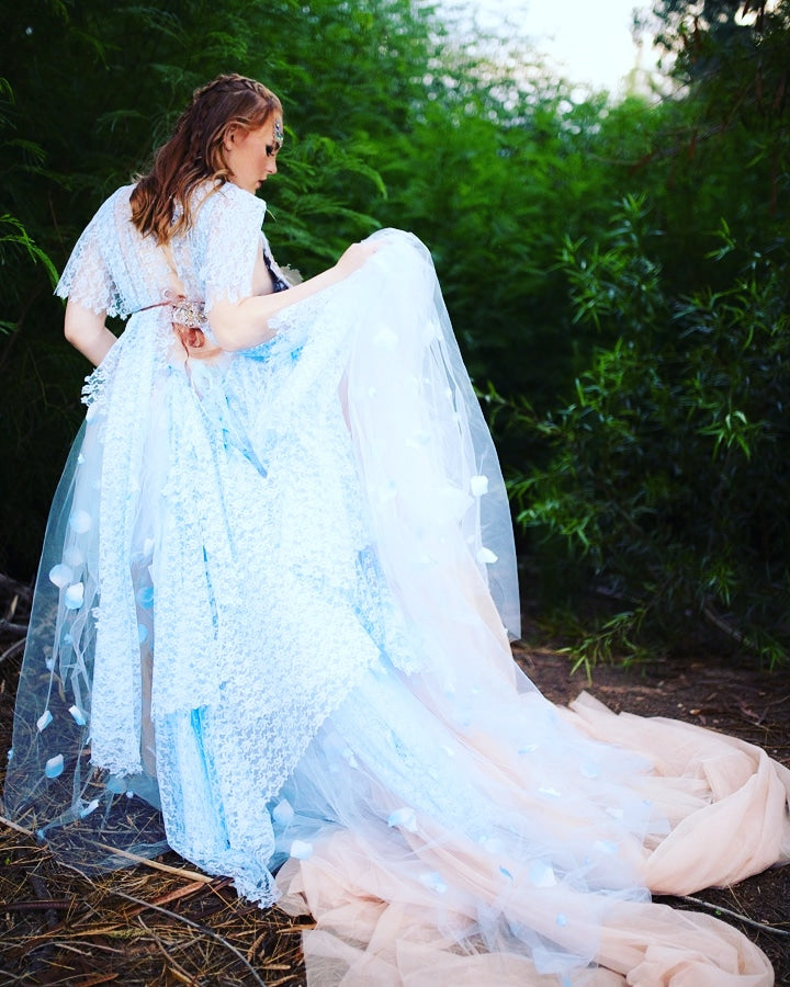 Sample Gown "MAURA" Blue & Blush Lace & Tulle Wedding Ballgown Set