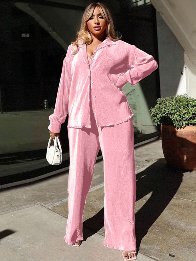 Chic Soft Pink Pleated Tunic Button Closure & Pants Set