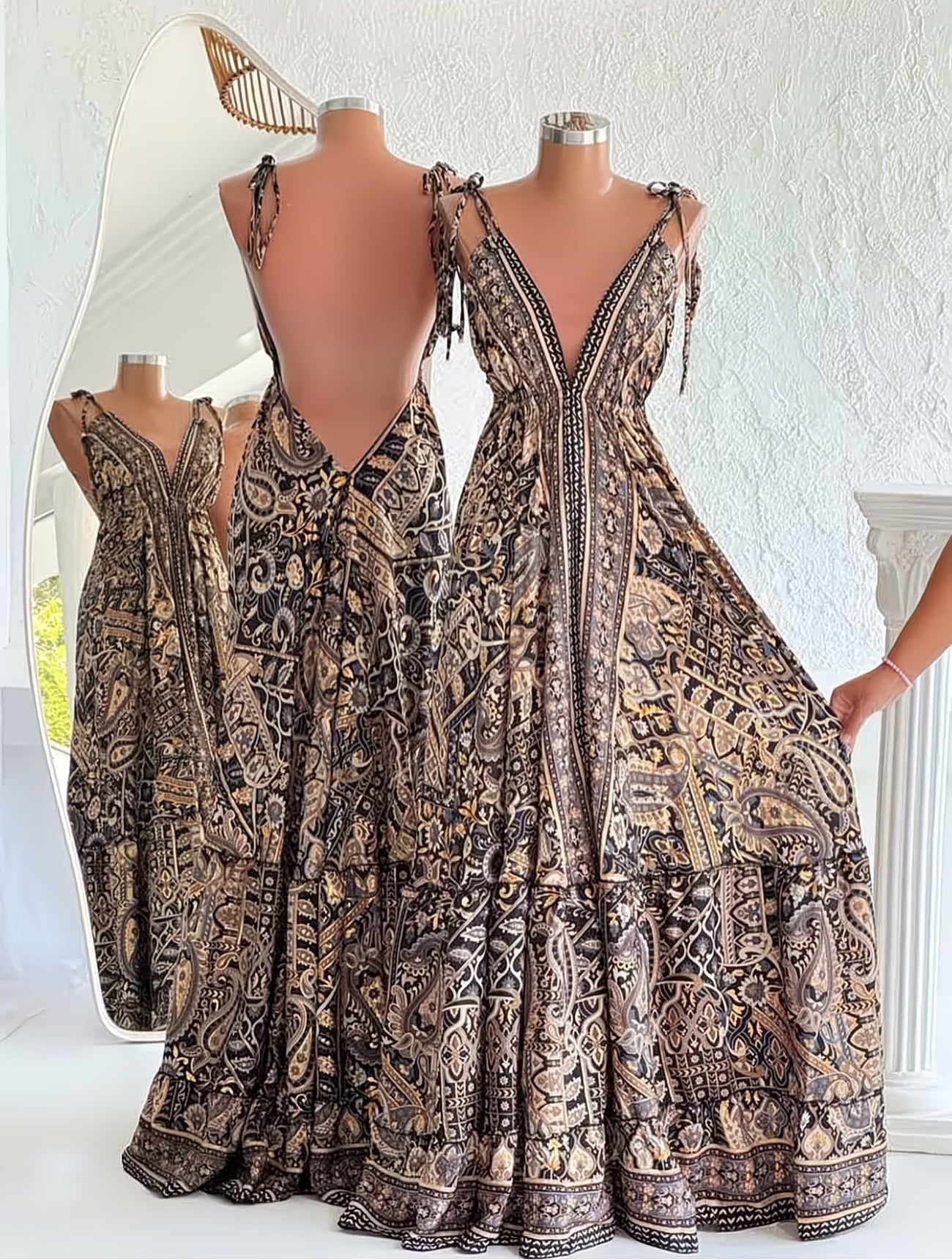 Exotic Black & Gold Floral Backless Maxi Dress