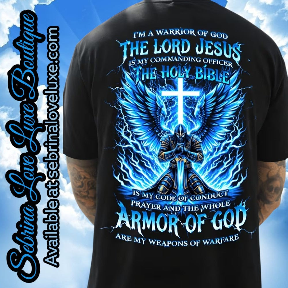 "WARRIOR OF GOD" Blue & Black Graphic Tee Shirt