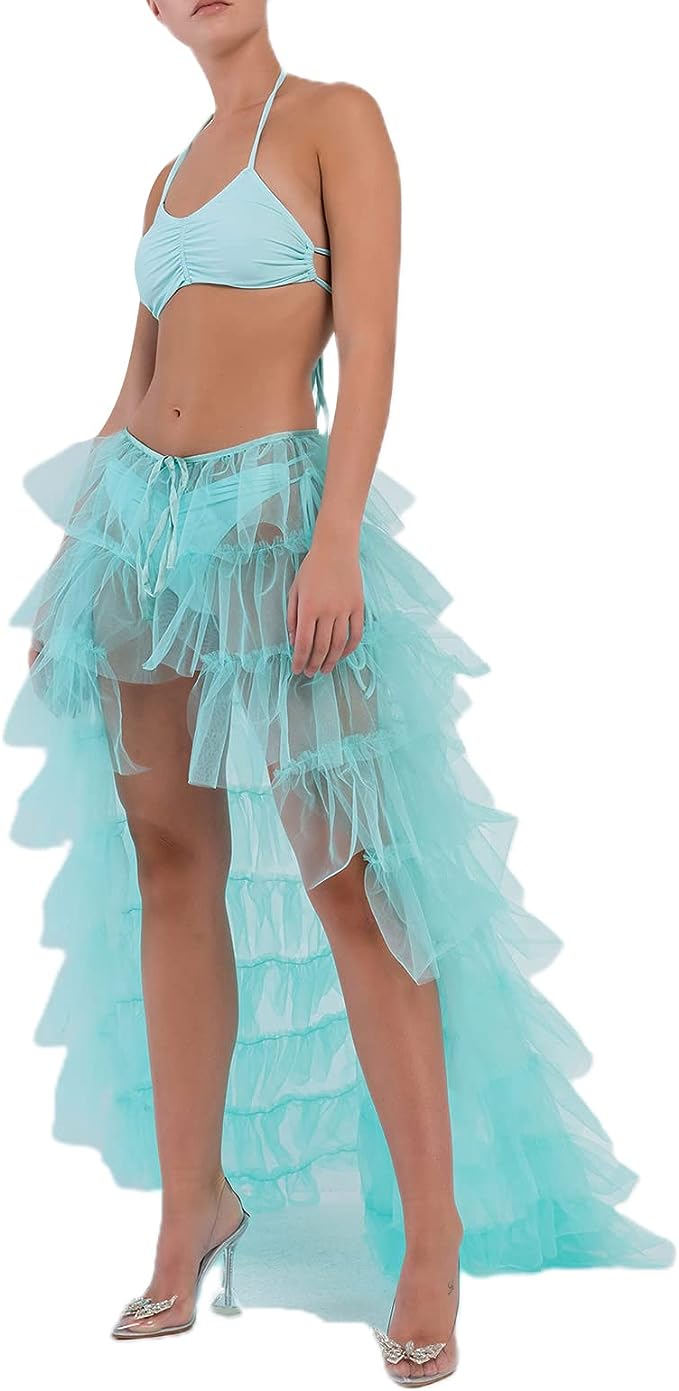 Romantic Ocean Blue Hi Low Ruffled Tulle Maxi Skirt Coverup Dress