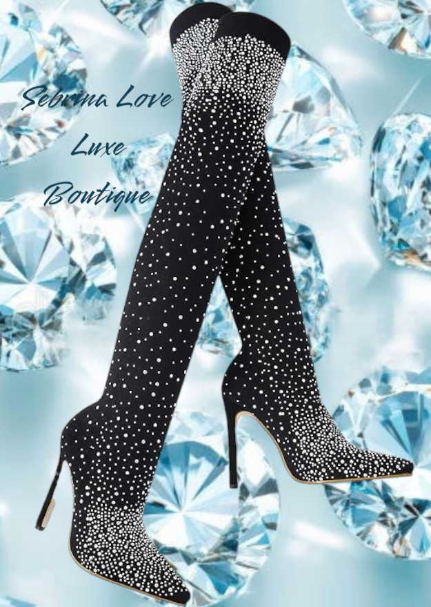 Beautiful Black & Silver Rhinestone Crystal Diamante Thigh Boots