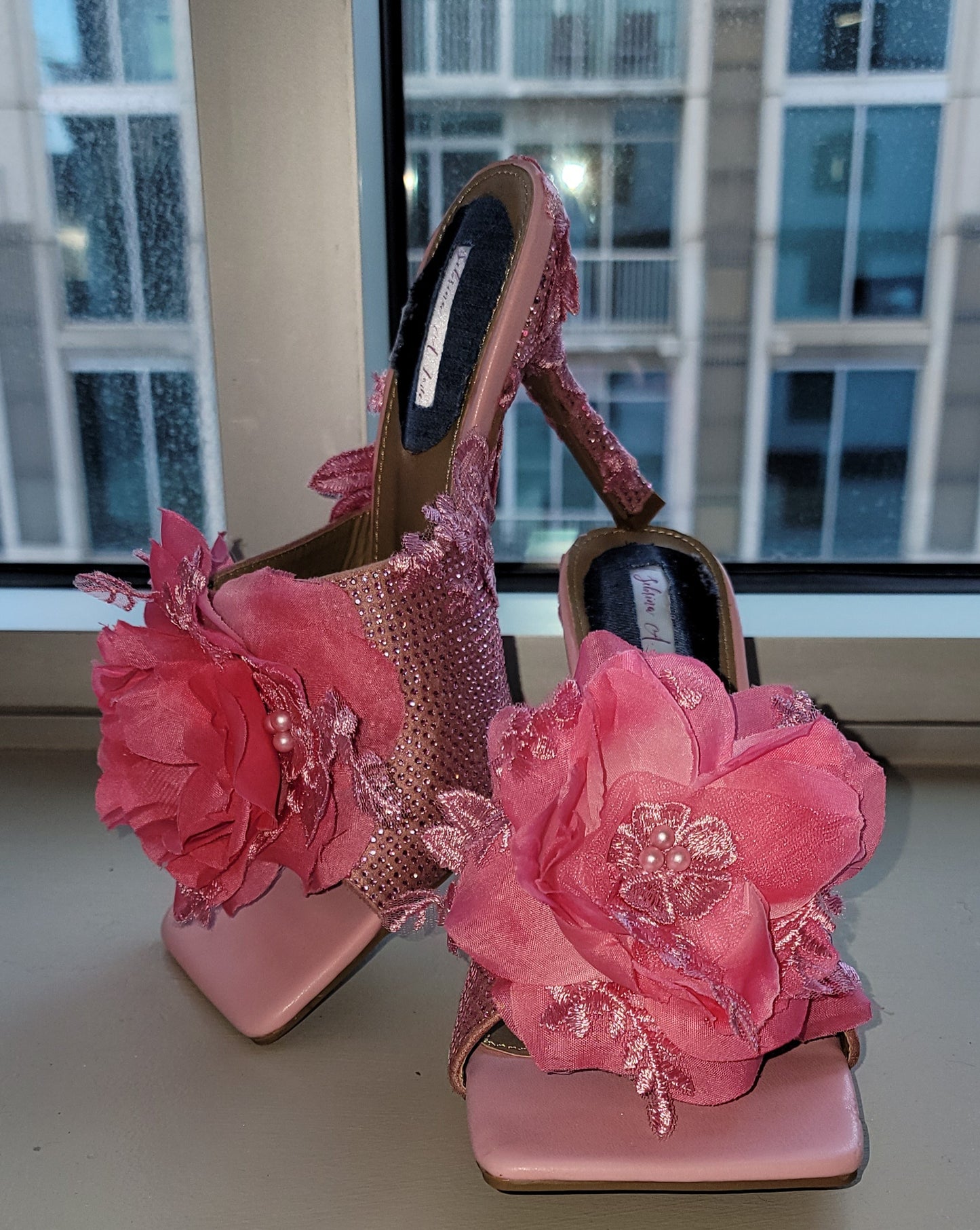"VANJA" Pink Ice crystal & Rose Lace Mules