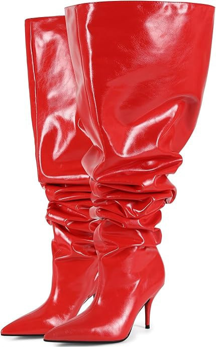 Sexy Red Faux Patent Leather Slouchy Thigh Boots