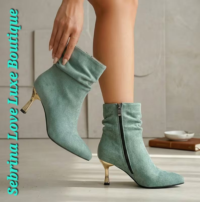 Luxe Mint Sage Green & Gold Kitten Heel Ankle Boots