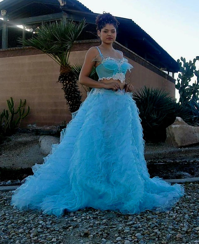 SAMPLE GOWN SET ONLY "MARINA" Turquoise & Silver Lace, Crystal & Tulle Wedding Ballgown Set