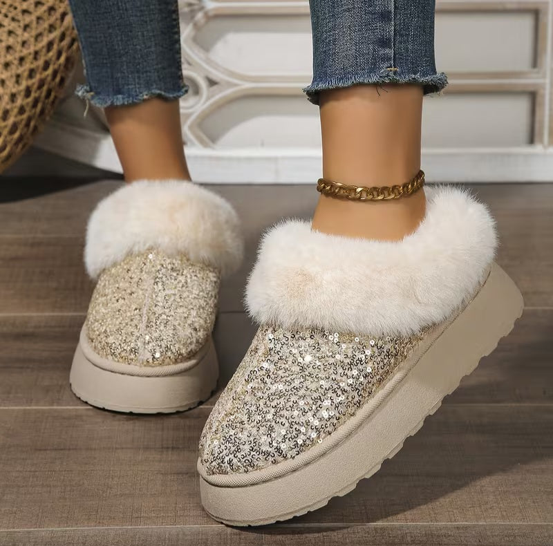 Stylish Gold Sequin Faux Fur Trim Slippers