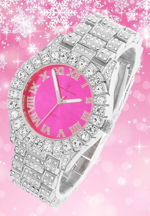 Elegant Silver & Hot Pink Diamante Crystal Bling Watch