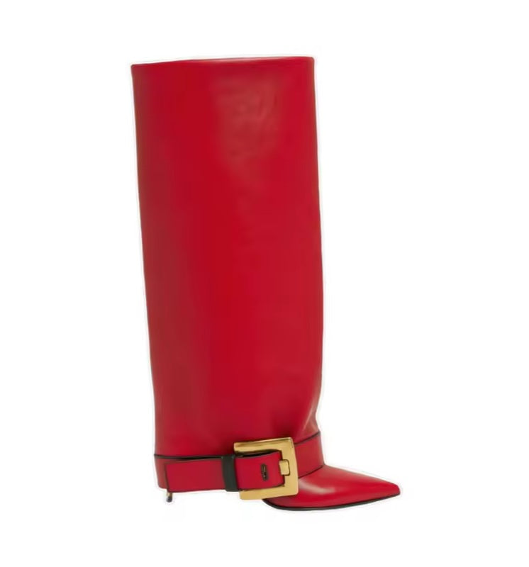 Chic Red Foldover Buckle Detail Knee Boots