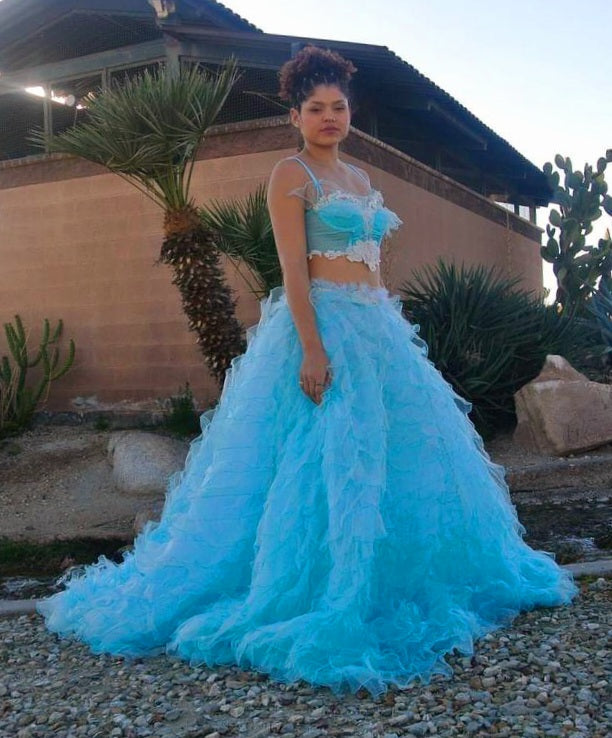 SAMPLE GOWN SET ONLY "MARINA" Turquoise & Silver Lace, Crystal & Tulle Wedding Ballgown Set