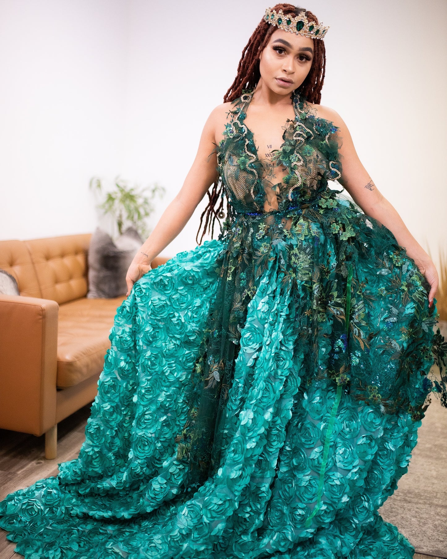 SAMPLE GOWN "IVY" Ocean Green 3D Rosette & Crystal Embroidered Lace Wedding Ballgown Set