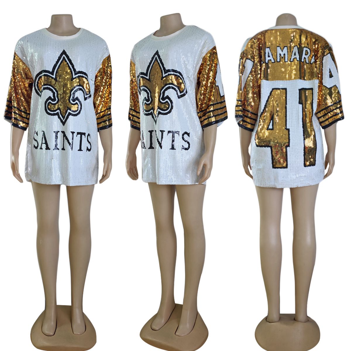 Sexy White Black & Gold Saints Sequin Football Jersey Mini Dress