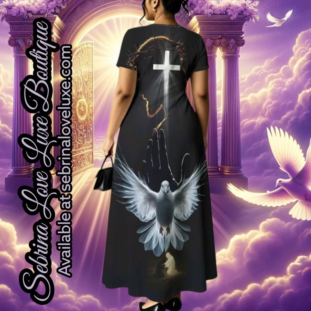 "CROSS & DOVE" Black & White & Red Inspirational Scripture Maxi Dress