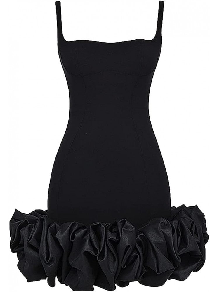 Sexy Black Ruffled Hem Mini Dress