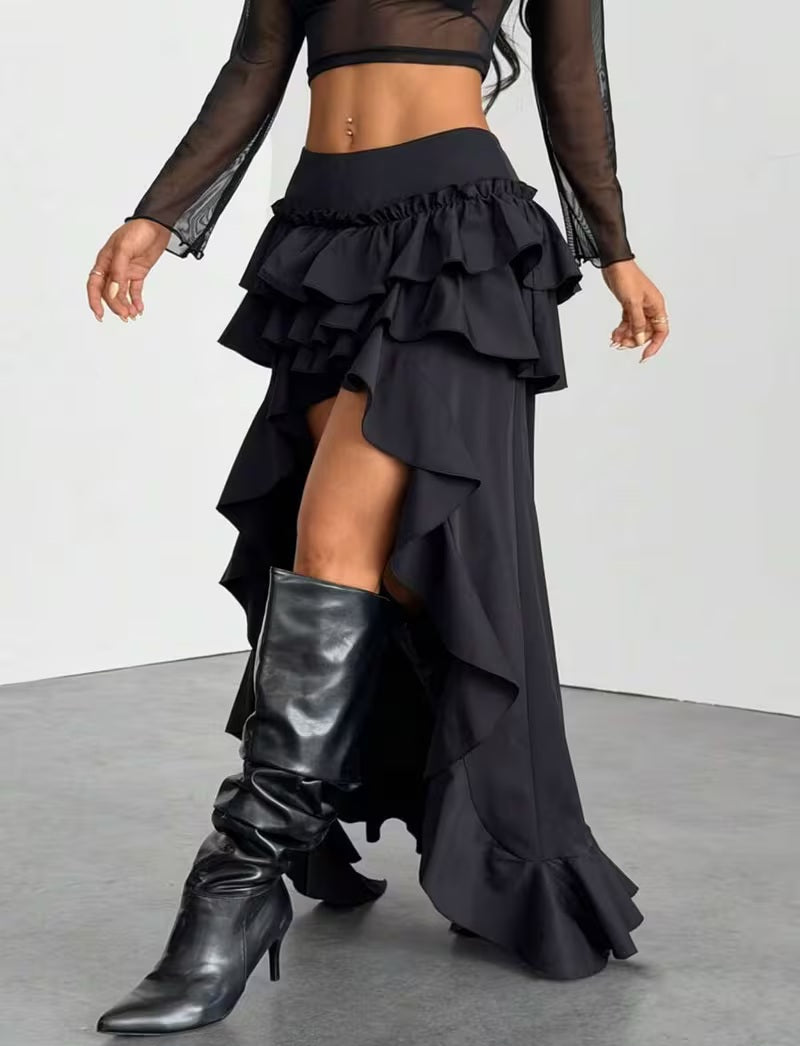 Gothic Black Ruffle Tiered High Low Maxi Skirt