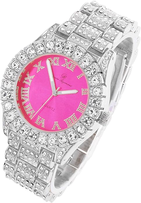 Elegant Silver & Hot Pink Diamante Crystal Bling Watch