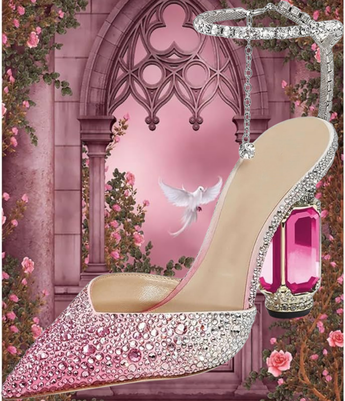 Gorgeous Gradiant Pink to Silver Crystal Diamante Bejeweled Ankle Strap Heels